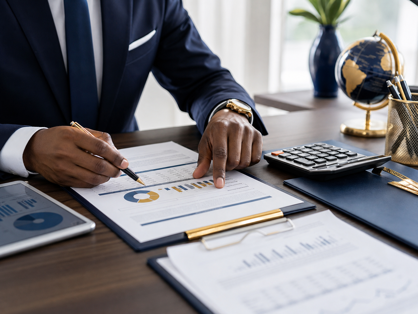 Professional accountant reviewing financial advisory charts and audit documents